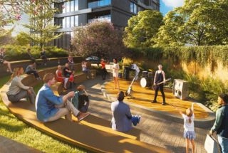 Elegant living room with blue ottoman