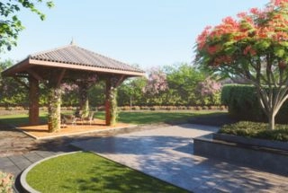 Elegant living room with blue ottoman