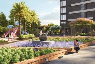 Elegant living room with blue ottoman