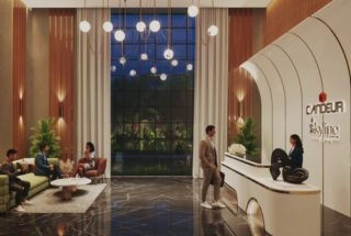 Elegant living room with blue ottoman